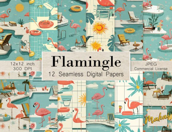 12 Seamless Retro Flamingo Pool Patterns
