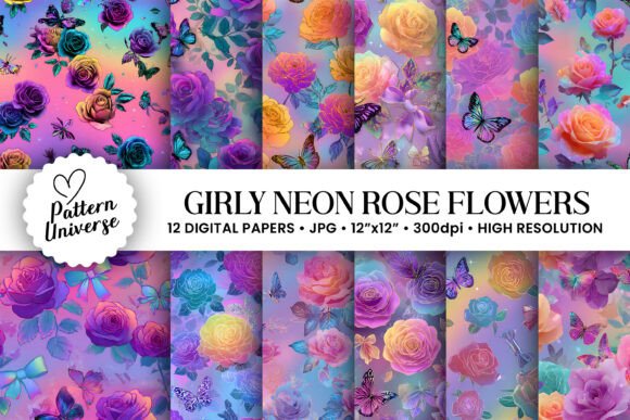Girly Neon Rose Flowers Patterns: A Versatile Digital Asset for Creative Projects