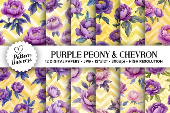 Purple Peony and Yellow Chevron Patterns
