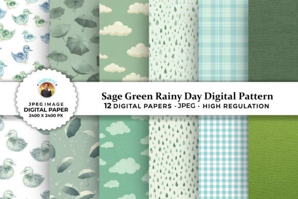 Sage Green Rainy Day Digital Patterns